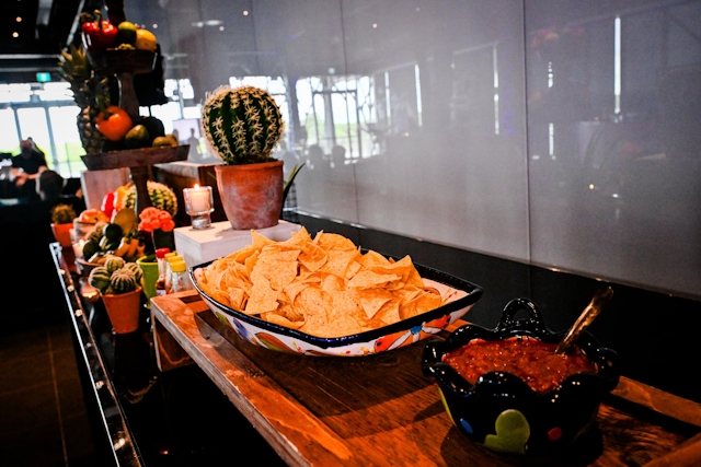 Large bowl of nachos next to a medium bowl of salsa.