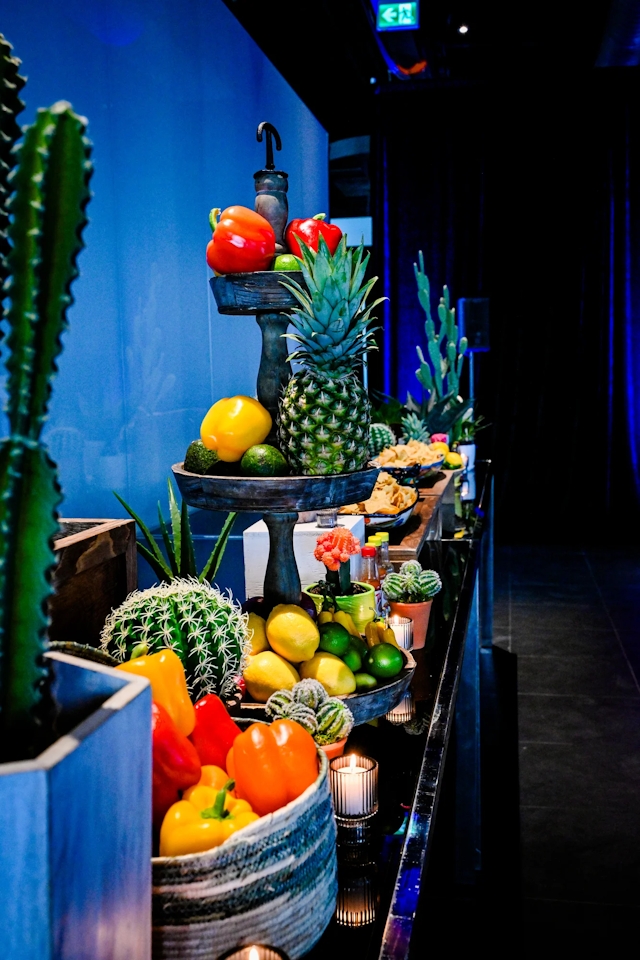 Long taco bar decorated with cacti.