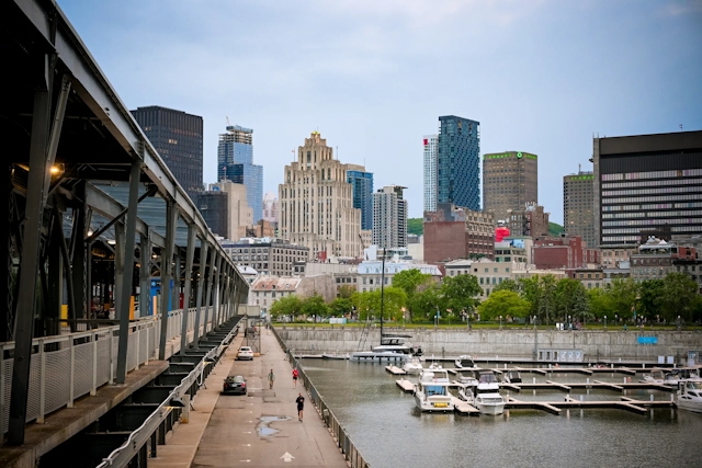 View of the port of Montreal outside the venue. Downtown Montreal is visible in the distance.